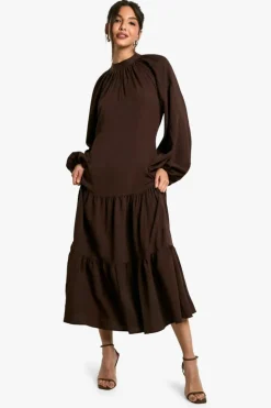 Smock Dresses|Long Sleeve Dresses*boohoo Textured Volume Smock Midaxi Dress chocolate