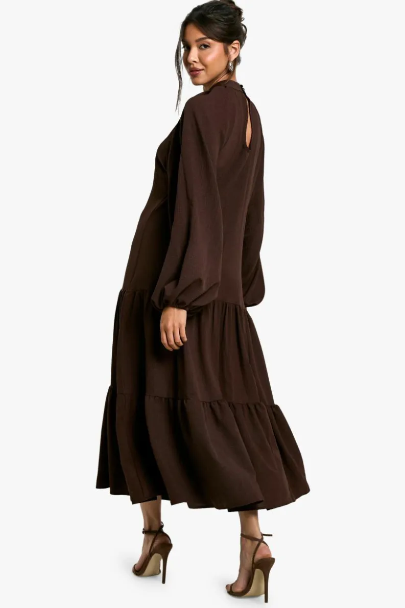 Smock Dresses|Long Sleeve Dresses*boohoo Textured Volume Smock Midaxi Dress chocolate