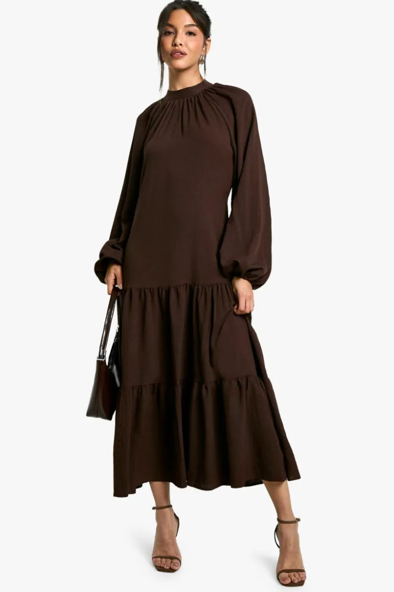Smock Dresses|Long Sleeve Dresses*boohoo Textured Volume Smock Midaxi Dress chocolate