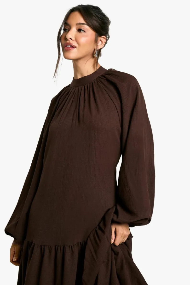 Smock Dresses|Long Sleeve Dresses*boohoo Textured Volume Smock Midaxi Dress chocolate