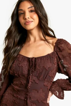 Skater Dresses*boohoo Tie Detail Burnout Long Sleeve Mini Dress chocolate