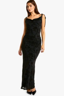 Maxi Dresses*boohoo Tie Detail Devore Cowl Maxi Dress black
