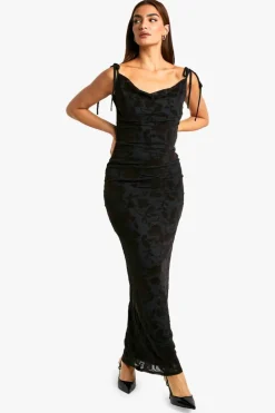 Maxi Dresses*boohoo Tie Detail Devore Cowl Maxi Dress black