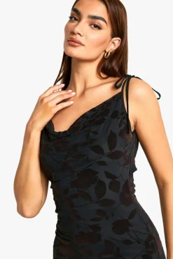 Maxi Dresses*boohoo Tie Detail Devore Cowl Maxi Dress black