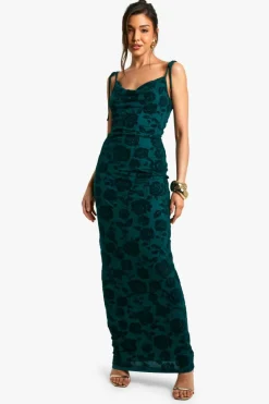 Maxi Dresses*boohoo Tie Detail Mesh Cowl Maxi Dress emerald