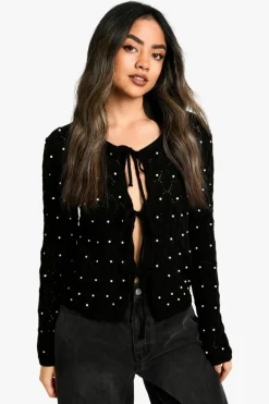 Cardigans*boohoo Tie Detail Pearl Cardigan black