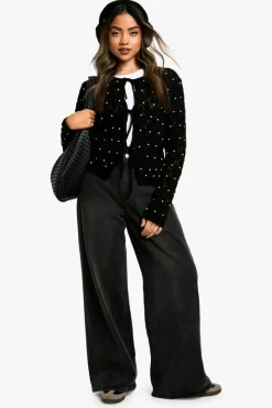 Cardigans*boohoo Tie Detail Pearl Cardigan black
