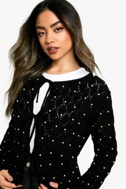 Cardigans*boohoo Tie Detail Pearl Cardigan black