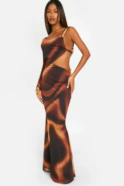 Bodycon Dresses*boohoo Tie Dye Cut Out One Shoulder Maxi Dress orange