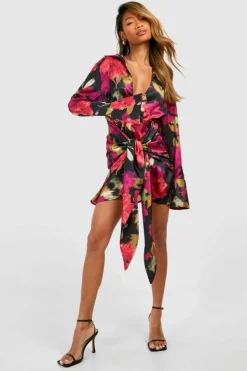 Shirt Dresses*boohoo Tie Front Floral Shirt Dress black