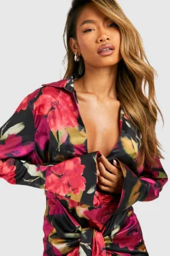Shirt Dresses*boohoo Tie Front Floral Shirt Dress black