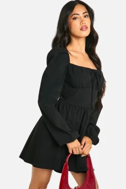 Smock Dresses*boohoo Tie Front Long Sleeve Mini Dress black