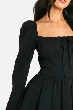 Smock Dresses*boohoo Tie Front Long Sleeve Mini Dress black