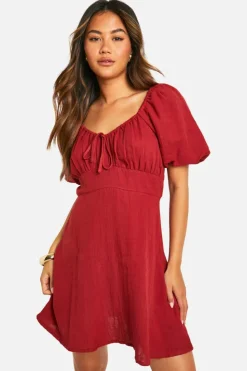 Smock Dresses*boohoo Tie Front Puff Sleeve Cotton Smock Dress red