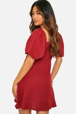 Smock Dresses*boohoo Tie Front Puff Sleeve Cotton Smock Dress red