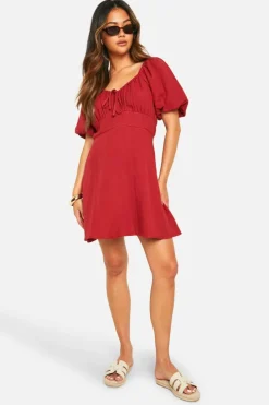 Smock Dresses*boohoo Tie Front Puff Sleeve Cotton Smock Dress red