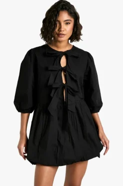 Skater Dresses*boohoo Tie Front Volume Sleeve Skater Dress black