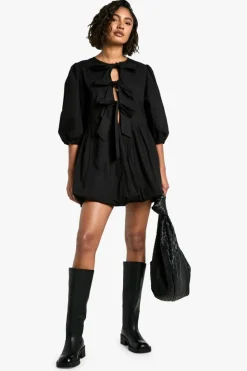 Skater Dresses*boohoo Tie Front Volume Sleeve Skater Dress black
