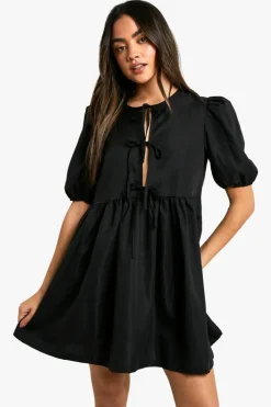 Smock Dresses*boohoo Tie Front Woven Puff Sleeve Mini Dress black