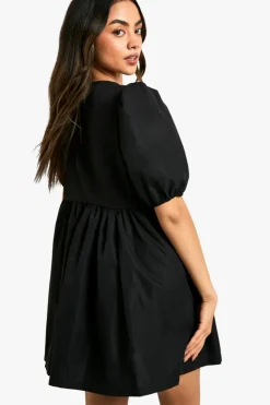 Smock Dresses*boohoo Tie Front Woven Puff Sleeve Mini Dress black