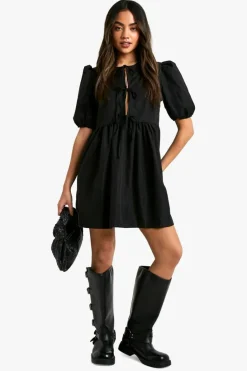 Smock Dresses*boohoo Tie Front Woven Puff Sleeve Mini Dress black