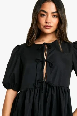 Smock Dresses*boohoo Tie Front Woven Puff Sleeve Mini Dress black