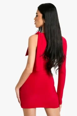 Bodycon Dresses*boohoo Tie One Shoulder Long Sleeve Mini Dress red