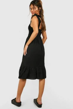 Midi Dresses*boohoo Tie Strap Shirred Bust Cotton Midi Dress black
