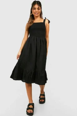 Midi Dresses*boohoo Tie Strap Shirred Bust Cotton Midi Dress black