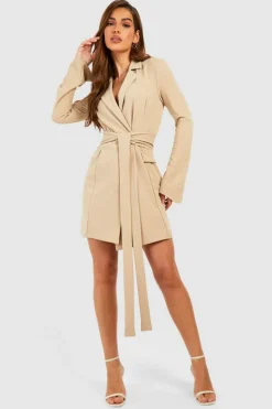 Blazer Dresses*boohoo Tie Waist Long Sleeve Blazer Dress stone