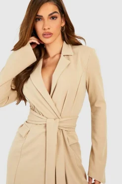 Blazer Dresses*boohoo Tie Waist Long Sleeve Blazer Dress stone