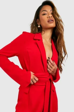 Blazer Dresses|Mini Dresses*boohoo Tie Waist Long Sleeve Blazer Dress red