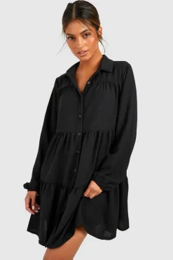Shirt Dresses*boohoo Tiered Smock Shirt Dress black