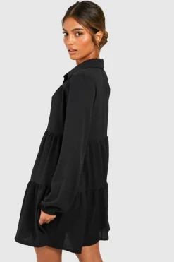 Shirt Dresses*boohoo Tiered Smock Shirt Dress black
