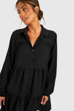 Shirt Dresses*boohoo Tiered Smock Shirt Dress black