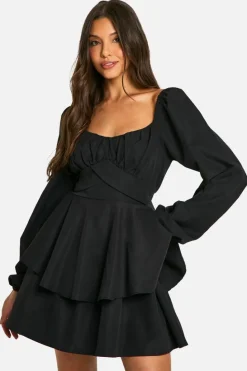 Skater Dresses|Mini Dresses*boohoo Tiered Tie Back Skater Dress black