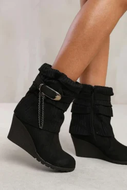 Heeled Boots|Ankle Boots*Where's That From Tilda' Wedge Heel Slouchy Ankle Boots With Knitted Collar Black