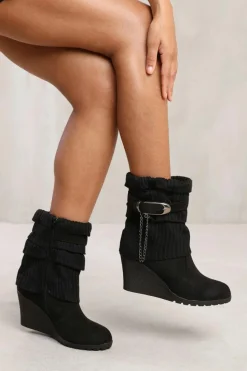 Heeled Boots|Ankle Boots*Where's That From Tilda' Wedge Heel Slouchy Ankle Boots With Knitted Collar Black