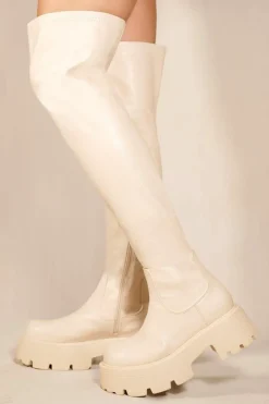 Calf High Boots|Chunky Boots*Where's That From Tilley' Chunky Chelasea Calf High Boots With Side Zip Cream