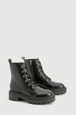 Chunky Boots|Biker Boots*boohoo Top Cap Lace Up Chunky Hiker Boot black