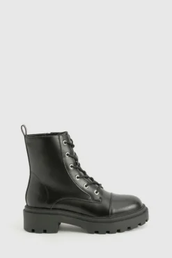 Chunky Boots|Biker Boots*boohoo Top Cap Lace Up Chunky Hiker Boot black