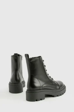 Chunky Boots|Biker Boots*boohoo Top Cap Lace Up Chunky Hiker Boot black