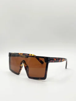 Sunglasses*SVNX Tortoiseshell Oversized Flat Top Square Frame Sunglasses Brown