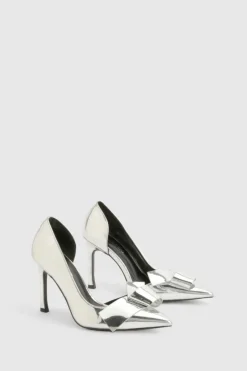 Heels*boohoo Trim Detail Mirror Patent Cut Out Court Shoes silver