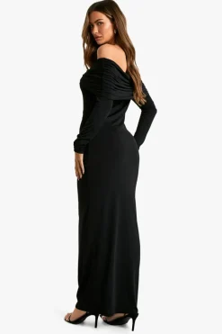Maxi Dresses*boohoo Trim Detail Slinky Bardot Drape Maxi Dress black