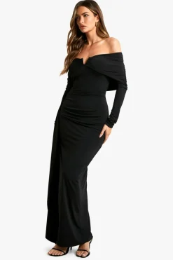 Maxi Dresses*boohoo Trim Detail Slinky Bardot Drape Maxi Dress black