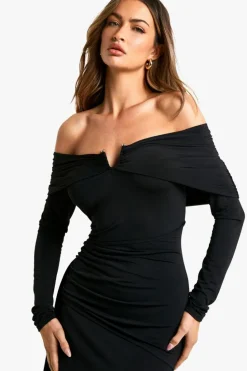 Maxi Dresses*boohoo Trim Detail Slinky Bardot Drape Maxi Dress black