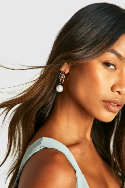 Earrings*boohoo Triple Hoop Pearl Drop Earrings gold