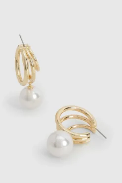 Earrings*boohoo Triple Hoop Pearl Drop Earrings gold