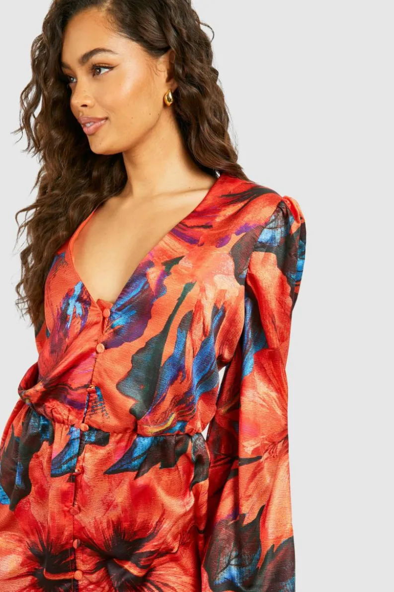 Shirt Dresses*boohoo Tropical Print Blouson Sleeve Mini Dress orange